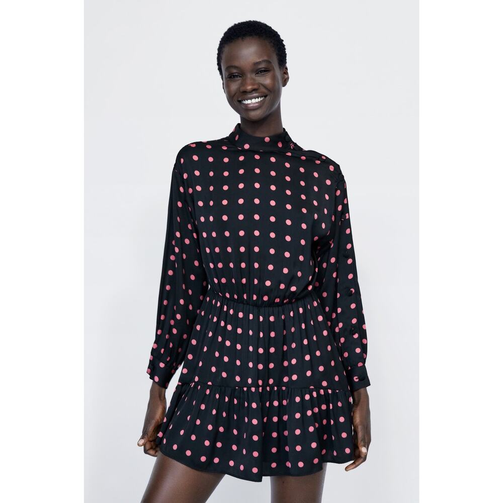 Zara Black Pink Polka Dot Long Sleeve Mini Dress Size XS Asymmetrical Button - Picture 8 of 14